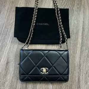 CHANEL Trendy Wallet On Chain WOC Quilted Crossbody Bag CC Logo Lambskin Black